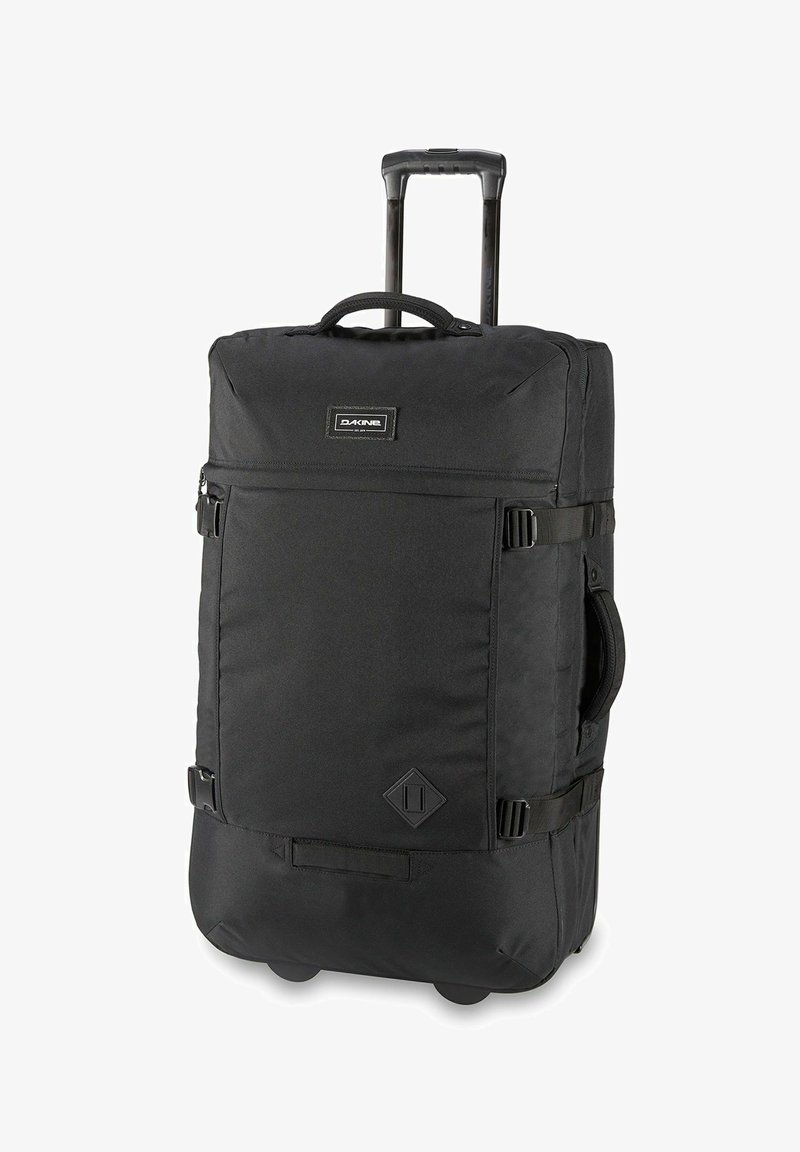 Borsa a rotelle nera realizzata in tessuto resistente, dotata di manico telescopico, tasca frontale con zip, manico laterale e cinghie di fissaggio.