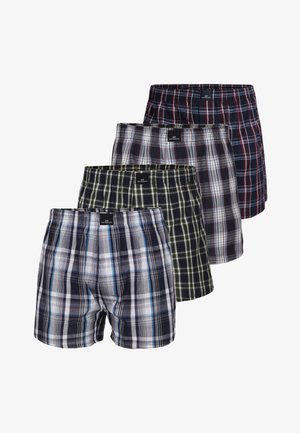 Set of four plaid boxers in varying colors: navy, black, gray, and green. Features elastic waistband and short leg design.