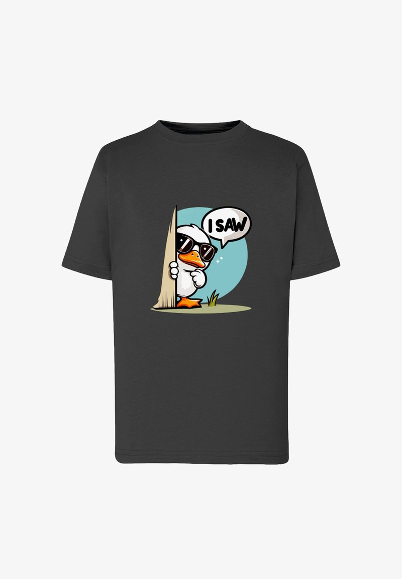 Czarna koszulka z rysunkowym kaczką, która wygląda zza drewnianego słupka, nosząc okulary przeciwsłoneczne, z chmurką mówiącą "WIDZIAŁEM."