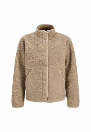 Beige sherpa fleece jas met lange mouwen, opstaande kraag, drukknoopsluiting aan de voorkant en twee voorzakken.