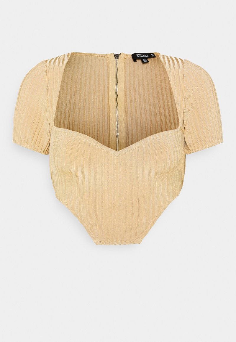 Beige pruhovaný body s krátkým rukávem, nafouknutými rameny, výstřihem do tvaru srdce a zapínáním na zip na zádech.