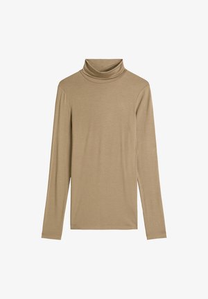 Beige Rollkragenoberteil mit langen Ärmeln aus einem weichen, glatten Material; lässige Passform; mit umgeschlagenem Kragen und einfachem, nahtlosem Design.