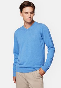 Jasnoniebieski sweter w serek wykonany z miękkiego dzianinowego materiału, z prążkowanymi mankietami i dolnym brzegiem, z małym logo na piersi.