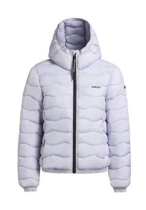 Light purple puffer jacket with a hood, quilted design, front zip closure, and black logo detailing on the chest and sleeve.