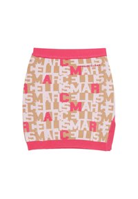 Gonna lavorata a maglia in una combinazione di colori beige e rosa, con motivi testuali ripetuti e una vita rosa. Materiale in misto cotone.