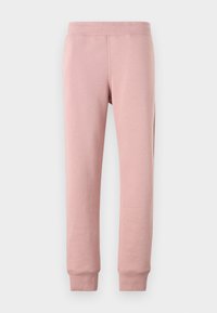 Pantalones de chándal de algodón rosa con cinturilla acanalada, piernas ajustadas y puños ceñidos. Diseño minimalista, sin patrones o acentos visibles.