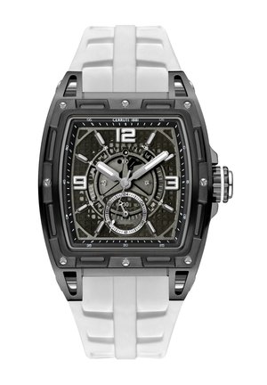 Cerruti 1881 pulkstenis ir aprīkots ar kvadrātveida melnu metāla korpusu, pelēku teksturētu ciparnīcu ar sudraba akcentiem un baltu gumijas siksnu.