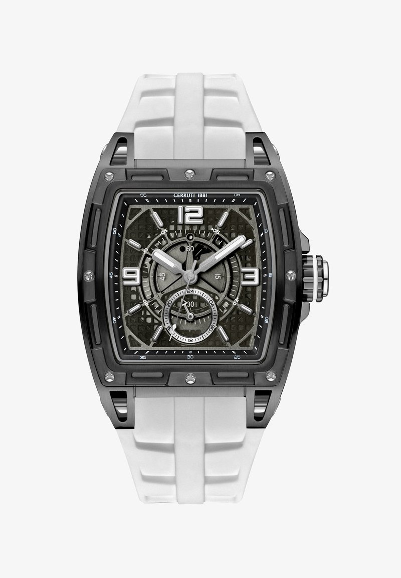 L'orologio Cerruti 1881 presenta una cassa quadrata in metallo nero, un quadrante grigio texturizzato con accenti argento e un cinturino in gomma bianca.