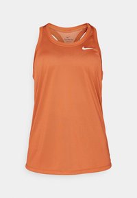 Oranje mouwloze sporttanktop met racerback en een klein wit Nike swoosh-logo op de bovenste rechterborst.