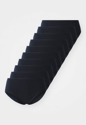 Schwarze Baumwollslips, in einer versetzten Anordnung präsentiert, mit glatter Textur und elastischem Bund. Zehn Stück gezeigt.