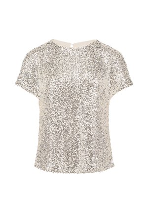 Silberne Pailletten-Bluse mit kurzen Ärmeln und Rundhalsausschnitt. Weicher Stoff, leicht lockere Passform und ein Schlüssellochverschluss auf der Rückseite.