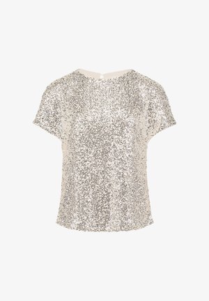 Zilveren pailletten top met korte mouwen en een ronde hals. Zachte stof, iets losse fit en een keyhole sluiting aan de achterkant.