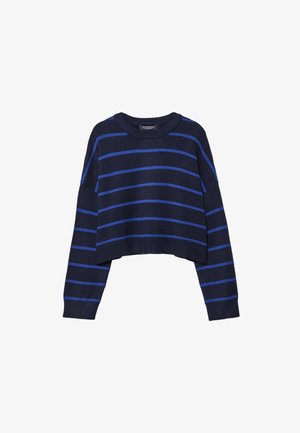Donkerblauw cropped trui met blauwe horizontale strepen, geribbelde halslijn en manchetten, gemaakt van zachte, gestructureerde gebreide stof.