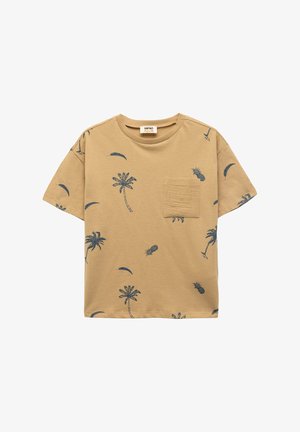Ruskea lyhythihainen t-paita, jossa on tummansinisiä palmu- ja ananaskuvioita, pyöreä kaula-aukko ja pieni rintatasku. Made in cotton-materiaali.