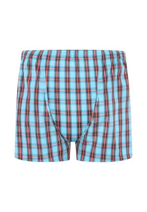 Blaue und rote karierte Boxershorts mit elastischem Bund, ausgestattet mit einer Öffnung vorne und leichtem, atmungsaktivem Stoff.