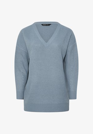 Himmelblauer V-Ausschnitt-Strickpullover mit lockerer Passform, strukturiertem Stoff, langen Ärmeln und dezenten Stichdetails an den Seiten.