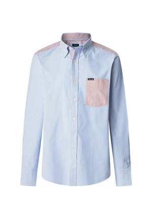 Gestreepte button-up shirt in lichtblauw en wit. Bevat een rood-wit geruite zak, kraag en manchetten. Gemaakt van katoen.