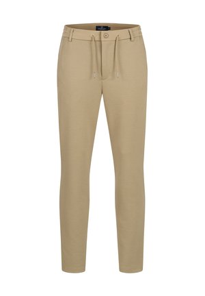 Pantalon homme beige slim fit avec passants de ceinture, bouton, fermeture éclair et cordon ajustable à la taille.