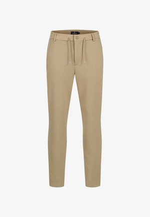 Slim fit beige herrebukser med bæltestropper, knap, lynlås og justerbar snøre i taljen.