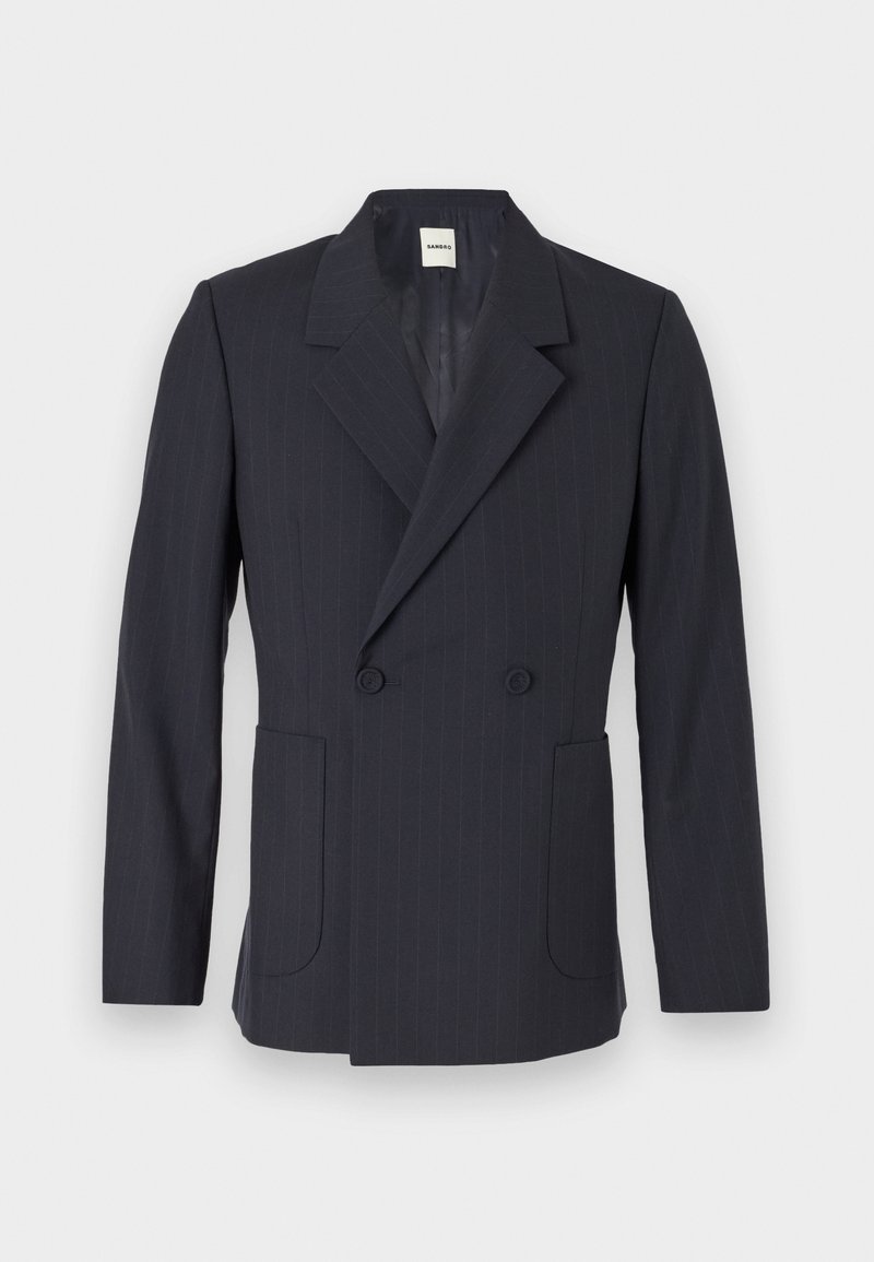 Marineblauer, gestreifter Blazer mit doppelter Knopfleiste, breiten Revers und zwei vorderen Taschen. Glattes Material mit taillierter Passform.