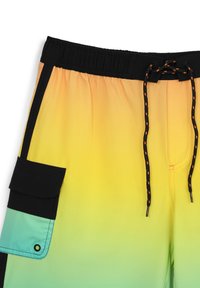 Herren-Badehosen mit elastischem Bund und schwarzem Kordelzug, Farbverlauf von Gelb zu Grün und Seitentasche mit Klappenverschluss.