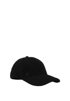 Black textured baseball cap with curved brim and small round logo on the side, isolated on white background.