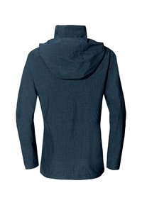 Veste à capuche bleu foncé à manches longues vue de dos, avec un tissu texturé et un col légèrement relevé.