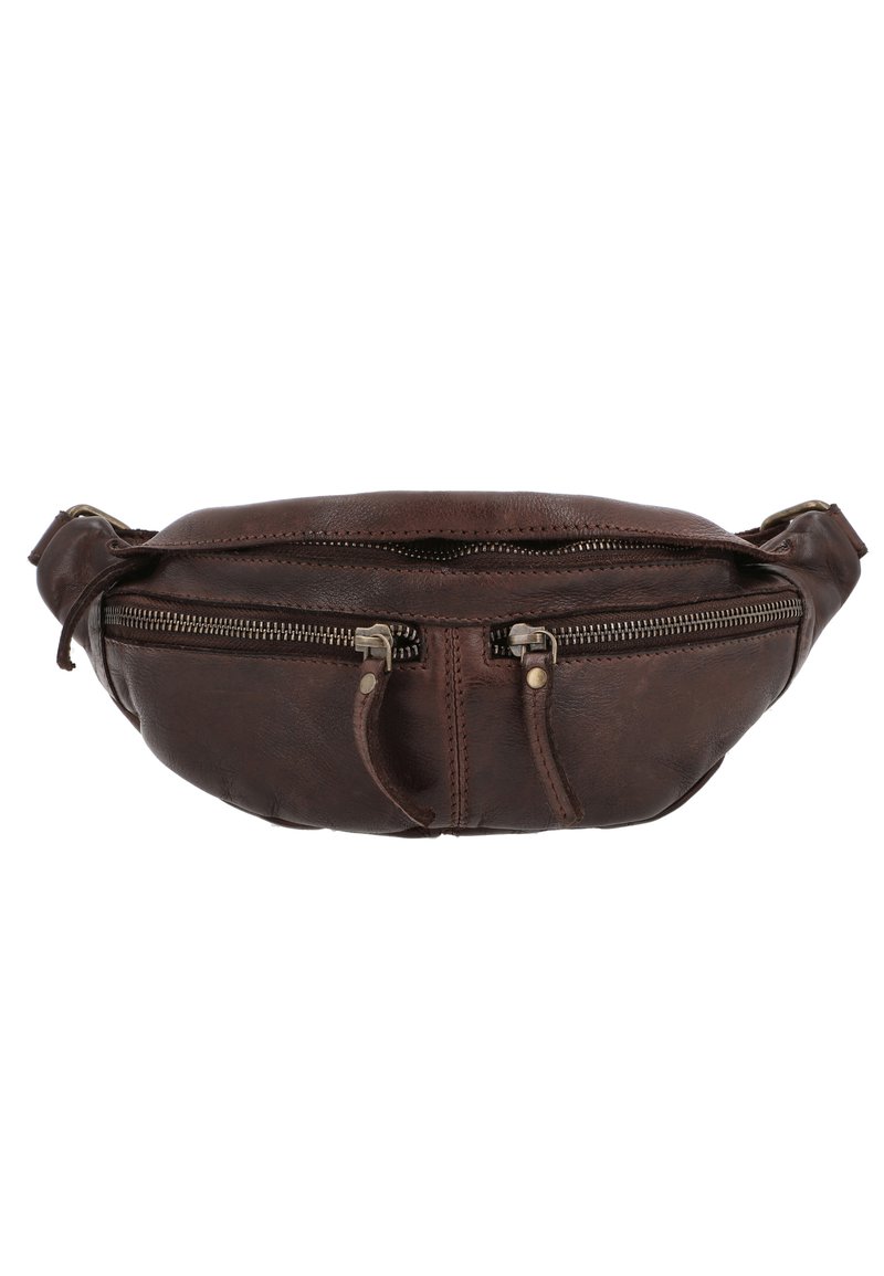 Brown leather fanny pack with two zippered compartments, curved shape, textured finish, and adjustable strap.