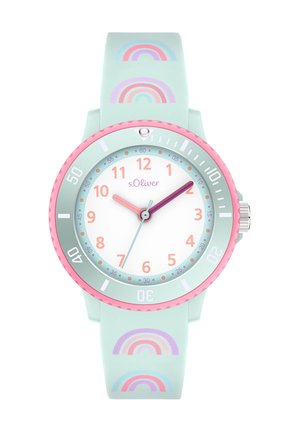 Orologio da polso per bambini con colori pastello, ghiera rosa e menta, motivi arcobaleno sul cinturino e quadrante analogico che segna le 10:10:35.