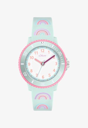 Kinderpolshorloge in pasteltinten, met een roze en muntkleurige lunette, regenboogpatronen op het bandje en een analoge wijzerplaat die 10:10:35 toont.