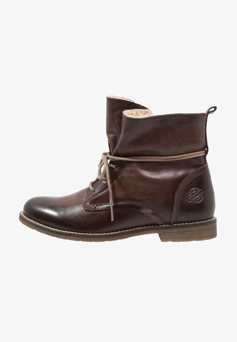Braune Leder-Ankle-Boots mit umschlagbarem Schaft, Schnürverschluss und strukturiertem Finish. Mit runder Zehenpartie und Gummisohle.