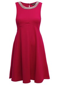 Fuchsia ärmelloses Kleid mit einem ausgestellten Rock und verziertem Ausschnitt. Hergestellt aus glattem Stoff, mit einer dezenten vertikalen Nahtdetail an der Vorderseite.