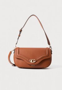 Sac à bandoulière en cuir marron au design incurvé, orné d'un logo "G" doré, avec des accents cousus et une sangle détachable.