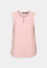 Light pink sleeveless top with a rounded neckline and pleated detailing, featuring a keyhole closure and soft fabric texture.