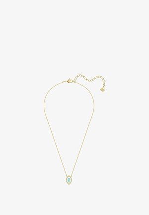 Collier en chaîne dorée avec un pendentif en turquoise en forme de goutte, encadré de petites pierres claires. Longueur réglable avec une fermeture à fermoir.