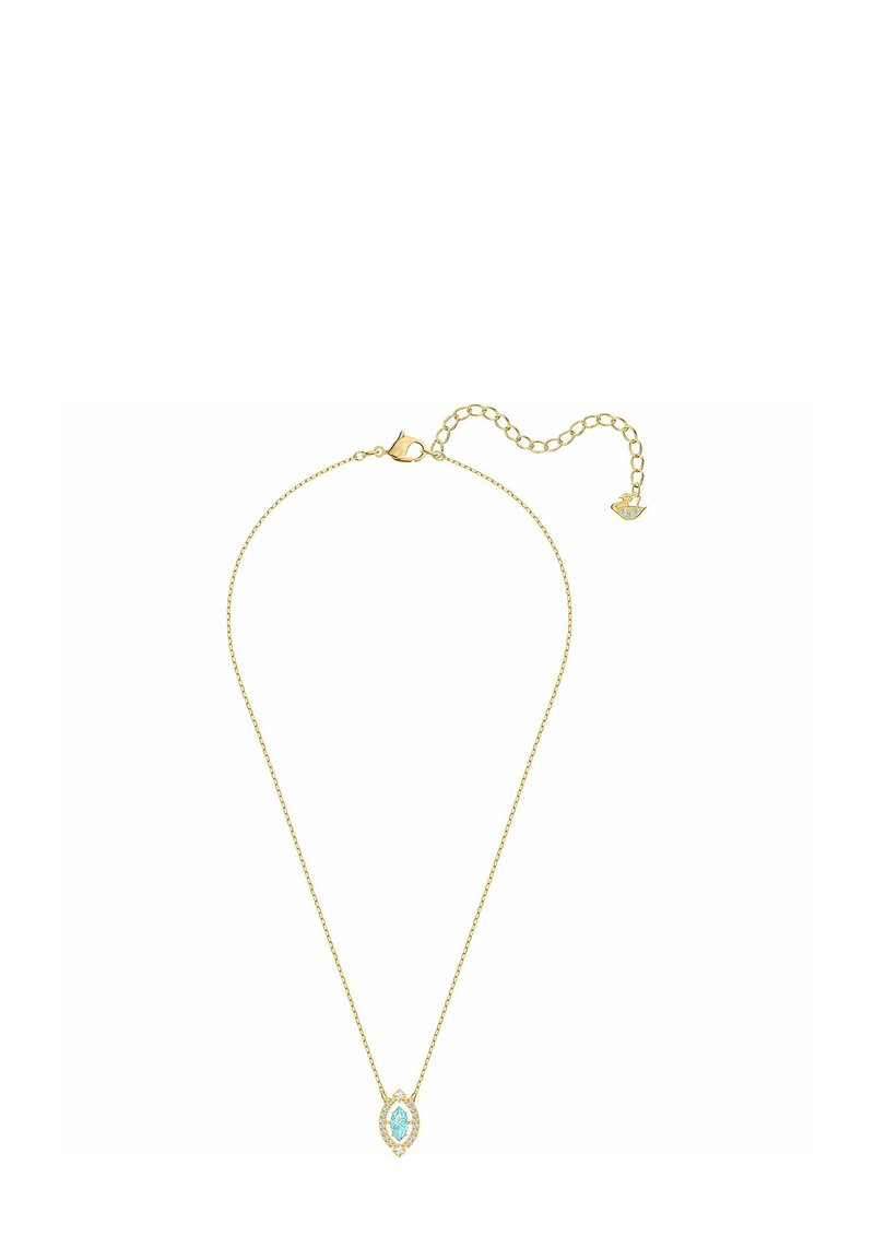 Goldene Halskette mit einem tropfenförmigen Türkis-Anhänger, der von kleinen klaren Steinen umrahmt ist. Verstellbare Länge mit Verschluss.