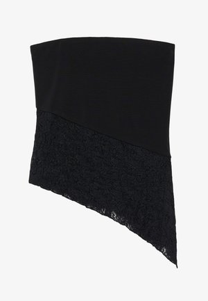Schwarzes trägerloses Top mit glattem Stoff oben und einem strukturierten Spitzenboden mit asymmetrischem Schnitt. Verziert mit floralem Muster.