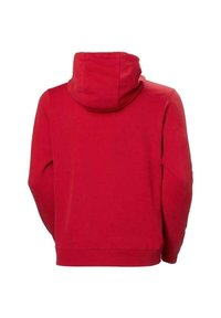 Sudadera roja hecha de una tela suave, con capucha, mangas largas y un dobladillo recto. Sin logotipos ni patrones visibles en la parte posterior.