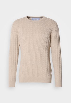 Beige cable-knit sweater with long sleeves, crew neck, and ribbed cuffs and hem, displayed on a white background.