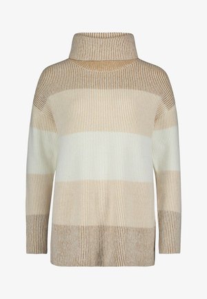 Gestreifter Strickpullover mit hohem Kragen; die Farben umfassen Creme, helles Beige und dunkles Beige. Gerippte Textur und locker sitzende lange Ärmel.