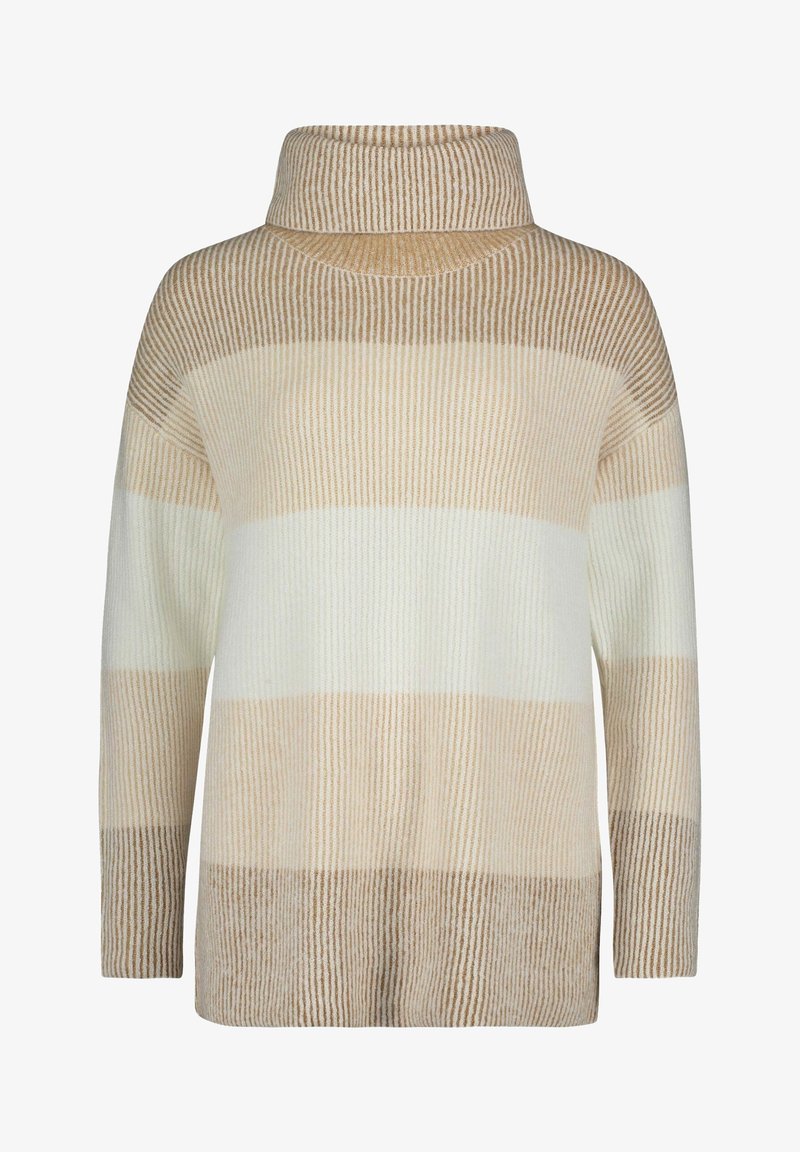 Gestreifter Strickpullover mit hohem Kragen; die Farben umfassen Creme, helles Beige und dunkles Beige. Gerippte Textur und locker sitzende lange Ärmel.