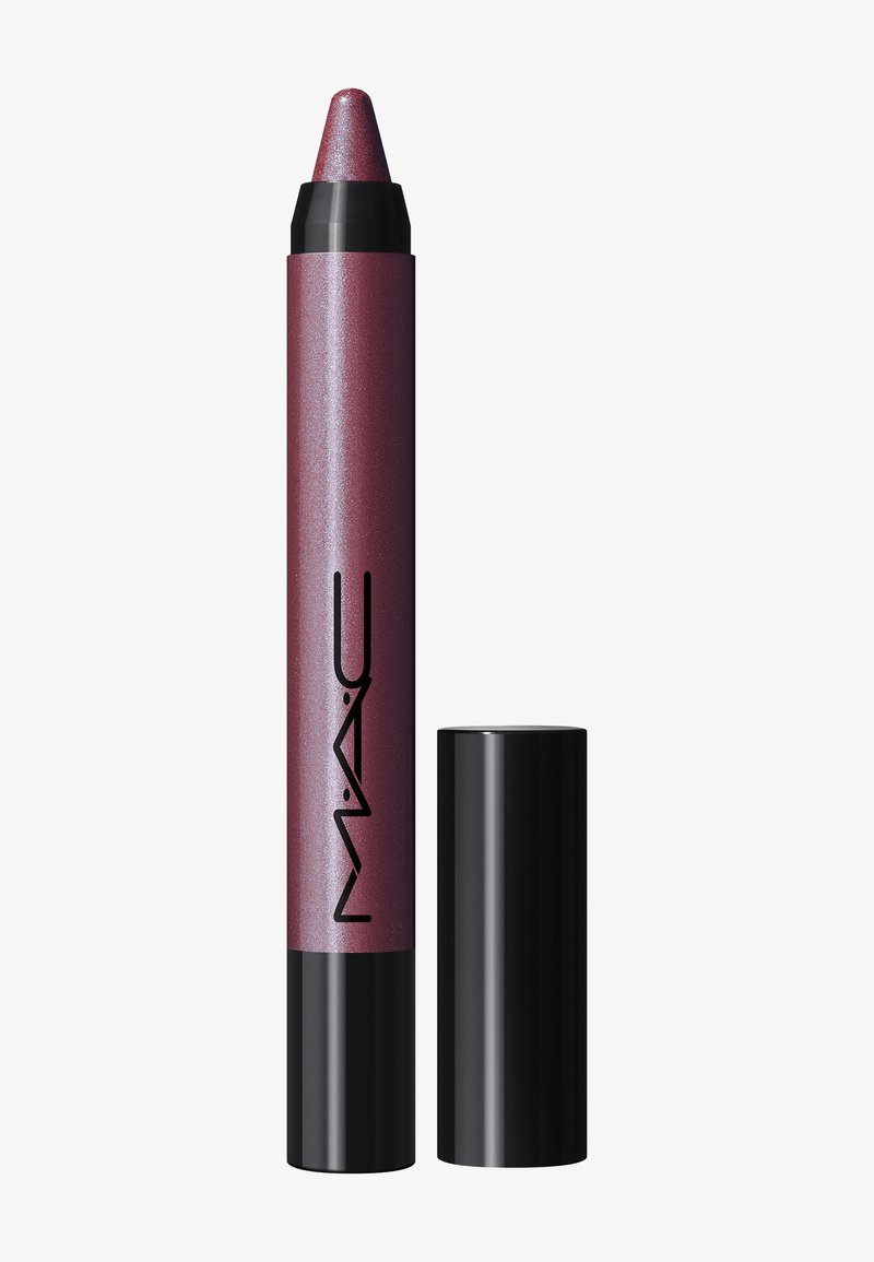 MAC lip crayon in a sparkly mauve shade with a tapered tip; features a black cap and branding on the side. Compact and cylindrical design.