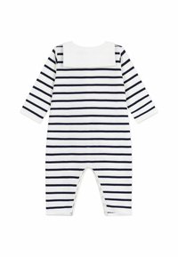 Ριγέ βρεφικό φορμάκι σε ναυτικό μπλε και λευκό, με μακριά μανίκια, στρογγυλή λαιμόκοψη και κουμπώματα στο κάτω μέρος για εύκολο ντύσιμο.