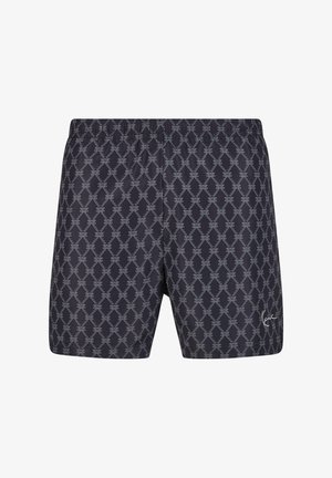 Schwimmshorts in dunklem Marineblau mit einem sich wiederholenden weißen geometrischen Muster. Mit einem elastischen Bund und glattem, leichtem Stoff.