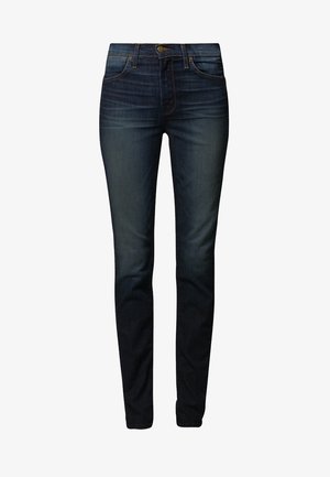 Jean en denim bleu foncé avec une coupe slim, un design à cinq poches, une fermeture à bouton en laiton, et un léger délavé sur le devant.