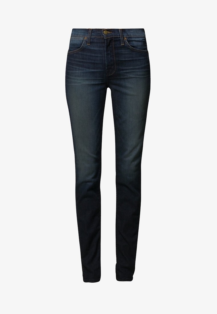 Ciemnoniebieskie dżinsy z denimu o dopasowanym kroju, pięciokieszeniowym wzorze, zapięciem na mosiężny guzik oraz delikatnym wyblaknięciem z przodu.