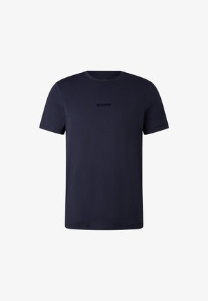 Marineblauwe katoenen t-shirt met korte mouwen, ronde hals en subtiel BOGNER-logo in het zwart gedrukt op de borst. Glad textuur, normale pasvorm.