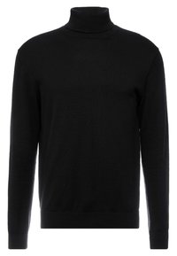 Schwarzer Rollkragenpullover aus weichem Strickstoff. Verfügt über lange Ärmel, gerippte Bündchen und einen hohen Kragen. Einfaches, minimalistisches Design.