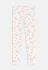 Puha, rugalmas anyagból készült leggings, fehér alapszínnel és rózsaszín virágokkal, valamint zöld levelekkel díszített virágmintával.