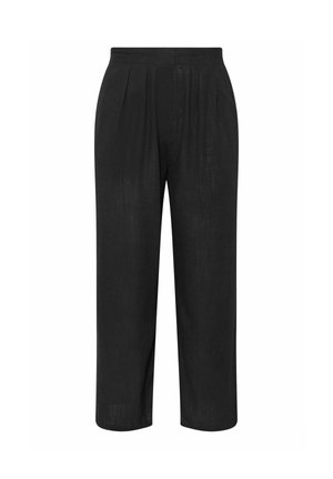 Pantaloni neri a vita alta, a gamba larga, con pieghe frontali e lunghezza cropped, realizzati in tessuto leggero.